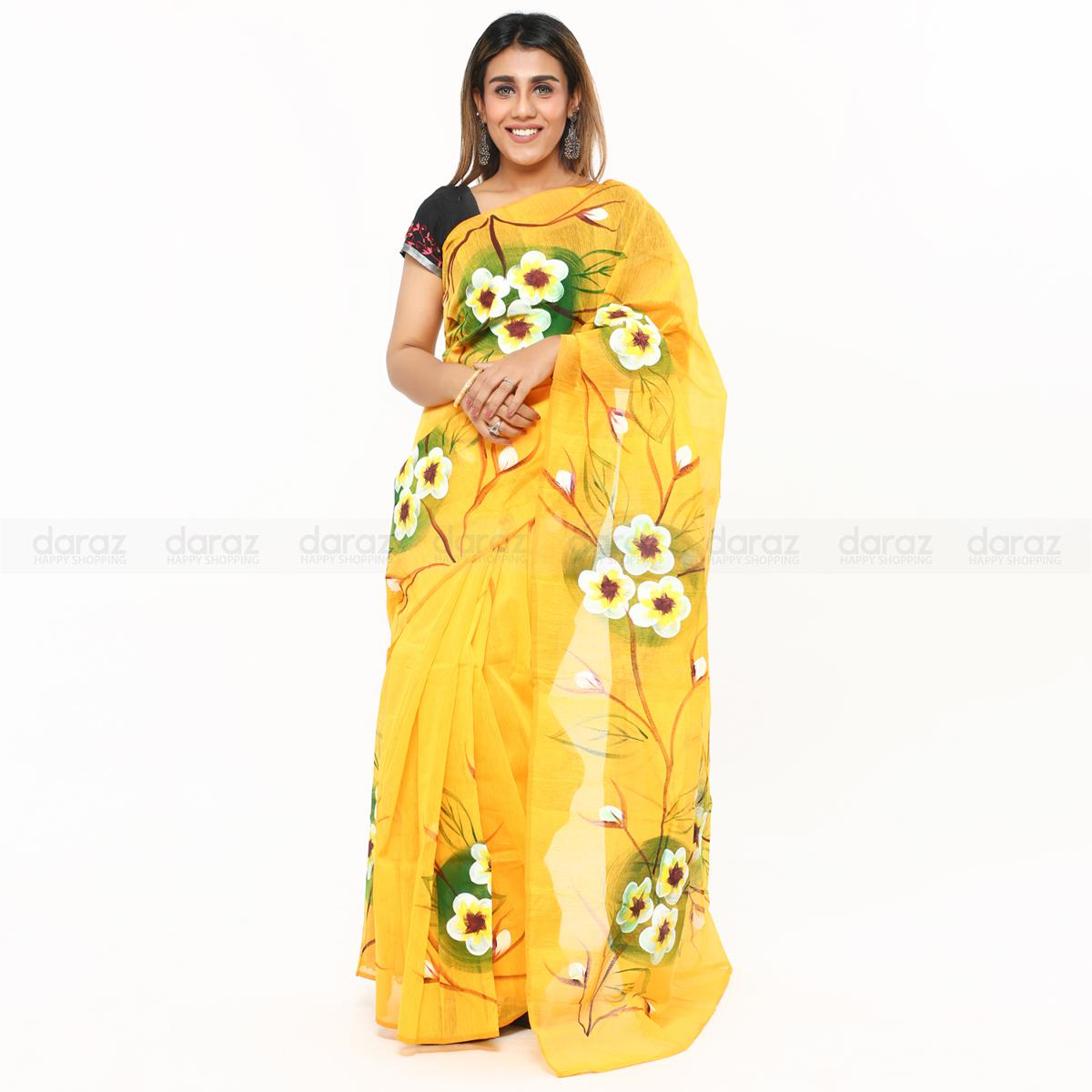 Hand Printed Exclusive Design half silk saree for Women.