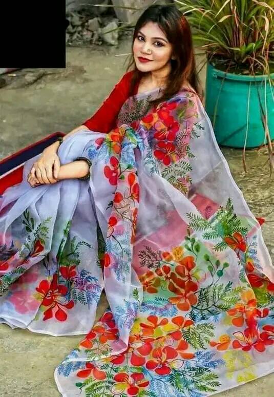 Hand Printed Exclusive Design half silk sari