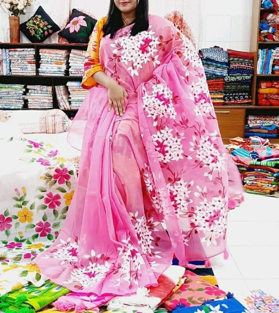 Hand Printed Exclusive Design half silk saree.