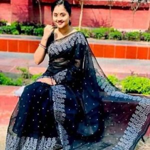 new block print half silk sari for woman