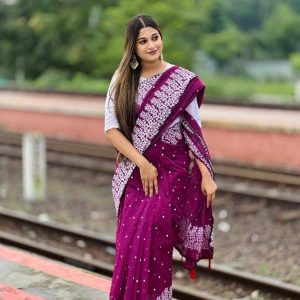 new block print half silk sari for woman.
