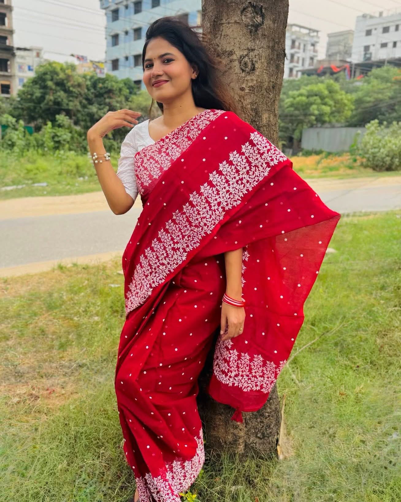block print half silk sari for woman