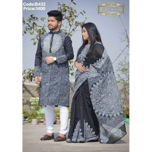 Traditional Dress Combo Set: Block Print Saree & Panjabi - Elegant Sharee for Women - Ideal for All Seasons & Occasions